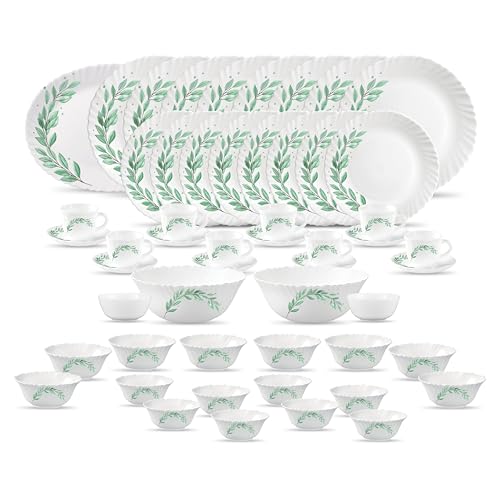 Image of La Opala Diva Classique Collection Opal Glass Crockery | for Family of 8 | Dinner Set 53 pcs Olive Trails | Plates, Bowls & Cups for Dining | Microwave Safe | 100% Vegetarian | Extra Strong | White