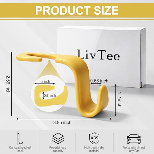 Image of LivTee Car Seat Headrest Hook, Car Headrest Hidden Hook, 4 Pack Universal Auto Car Back Seat Hook Organizer for Purse Coat, Car Interior Accessories (Yellow)