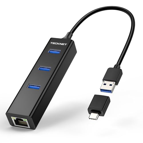 TECKNET USB C to Ethernet, Aluminum 3 Port USB 3.0 Hub with RJ45 10/100/1000 Gigabit Ethernet Adapter Converter LAN Wired Network Adapter for Laptop