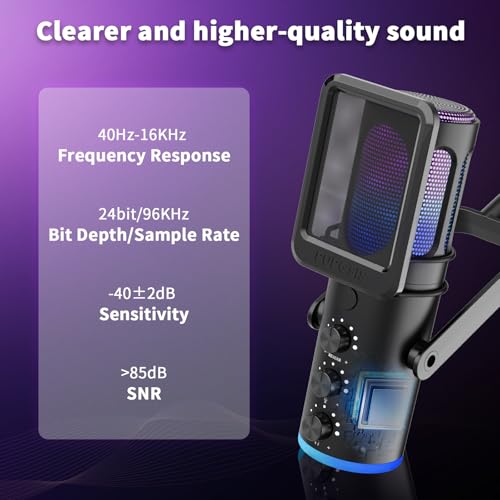 Gaming Microphone, USB Condenser Mic for PC, PS4/5 and Mac, Noise Cancellation Computer Mic with Mute, Reverb, Monitoring, Adjustable Boom Arm, Pop Filter for Streaming/Podcasting/Recording/YouTube