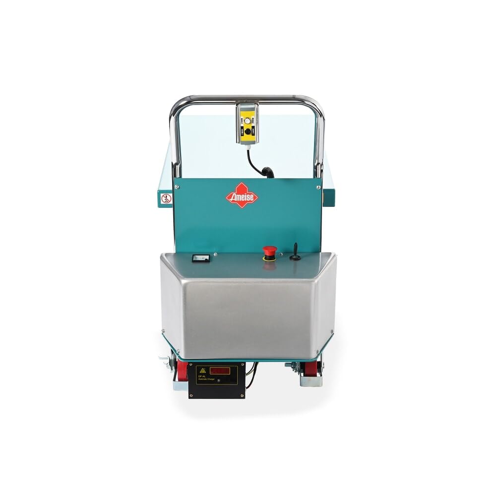 Ameise Scheren-Hubtischwagen LTT | 370-1.300 mm Hubbereich | 350 kg Tragkraft | 910x500 mm Plattform | Fahrbarer Hubtisch mit festem Bügel | Elektrischer Antrieb mit Batterie | Stahl | Türkisblau