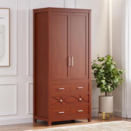 Image of Wakefit Wardrobe | 3 Year Warranty | Solid Wood Almirah, Cupboard for Clothes Storage | 2 Door, 5 Drawers, 1 Hanging Space | Crinoline - Golden Brown