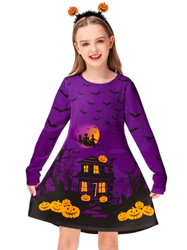 Deerose Girls Halloween Dresses Long Sleeve Holiday Swing Dress Crewneck Cute Printed Outfits 3-14 Years3