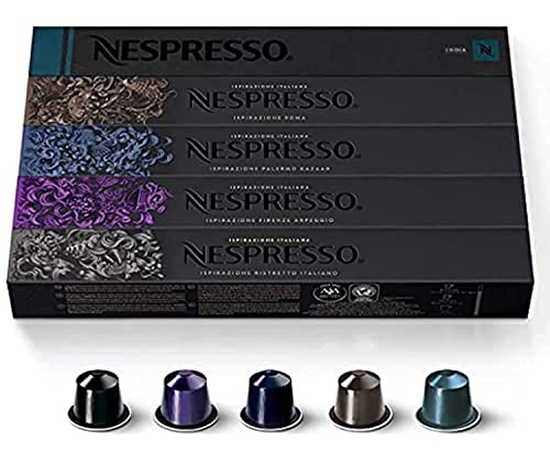 Nespresso 50 Nespresso Capsules Original Line Espresso Coffee Capsules (Arpeggio Roma Ristretto Kazaar India 10 pods each 50 Servings)
