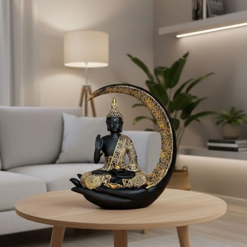 Image of Black & Gold Meditating Buddha Statue with Crescent Moon & Hand Base - Spiritual Buddha Idol for Home Decor, Feng Shui Lucky Showpiece for Living Room