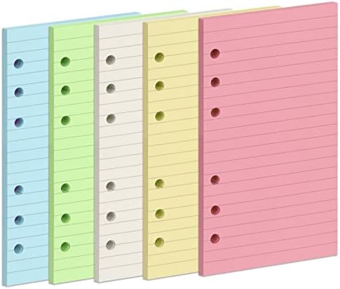 A6 Colorful Refill Paper, [5 Colors] Toplive 100GSM Thick Refillable Paper 6 Hole Filler Inserts Loose Leaf Paper 100 Sheets (200 Pages) for 6 Ring Binder Journal Notebook