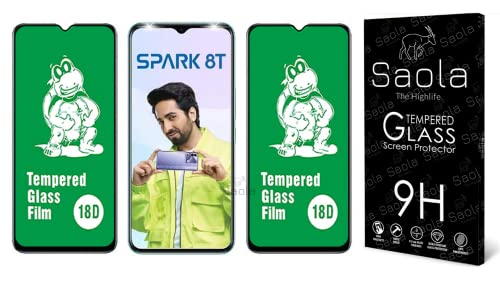 Image of Saola 18D Tempered Glass With Inbuilt AirBag Borders For Tecno Spark 8T (Pack Of 2) with Free Installation Kit. Full screen Coverage - 6.6 inch