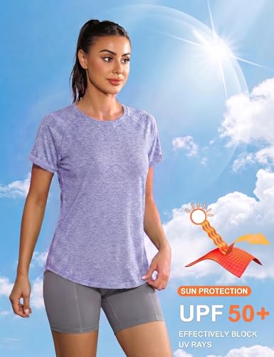 Gyabnw Sportowa koszulka damska sportowa koszulka funkcyjna z krótkim rękawem, na siłownię, top fitness, oddychająca joga, liliowy, M