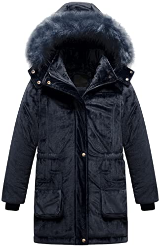 Chrisuno Girls' Stylish Warm Winter Parka Soft Velvet Coat With Detachable Faux Fur Trim Hood