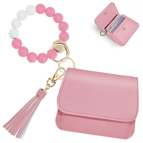 Image of Keychain Wallet for Women,RFID Wristlet Wallet with Beaded Strap | Tri-Fold Design,6 Card Slots,ID Window,Zipper Coin Pocket,Lightweight Carry