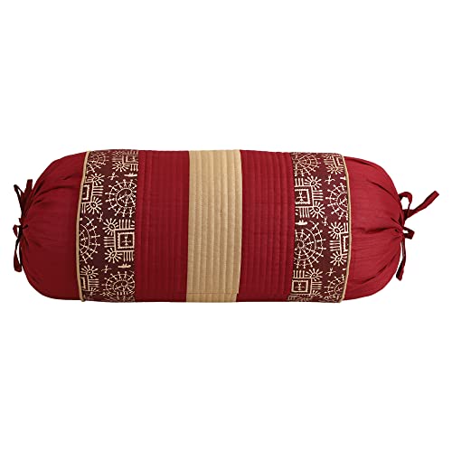 Image of Gifts Island Set of 2 Polyester Silk Traditional Hand-Block Printed & Striped Bolster Covers (Dark Maroon)