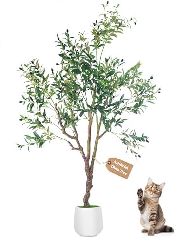 Olive Trees Artificial Indoor, 6FT Tall Faux Olive Tree with White Tall Planter, Artificial Plants with Natural Wood Trunk and Lifelike Fruits, Large Olive Plants for Home Office Decor