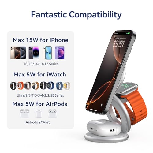Image of KU XIU X63 3 in 1 Charging Station for Apple, Aluminum Alloy Foldable Magnetic Wireless Charger, Travel Charger for iPhone 16 /15 /14 /13 /12 Series, Apple Watch& AirPods(with 20W Adapter)-Silver