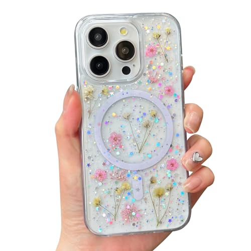 ASONCE Cute Real Flowers for iPhone 12 Pro Max Case [Compatible with MagSafe] Glitter Sparkly Magnetic Cover with Pressed Dried Floral Women Girly Phone Case for iPhone 12 Pro Max 6.7' - Clear