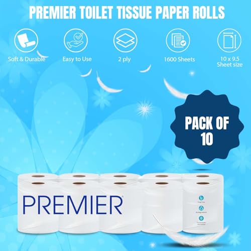 Image of Premier Toilet Tissue Paper Rolls (1600 Pulls) | 2-Ply Soft and Highly Absorbent | 160 Pulls x 10 Rolls | Biodegradable | Clog Free | Flushable | Easy to Tear | Family Pack (10in1) Toilet Paper Roll