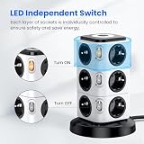Acodot Listwa zasilająca z 12 gniazdami wtykowymi z wejściem USB, ochrona przed przepięciem, wieża z 4 przełącznikami, oryginalna designerska lampka nocna i 3 porty USB, kabel 3 m, 2500 W, do biura