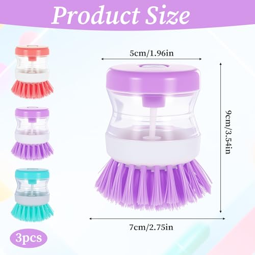 Image of ElevateTech Dish Brush with Soap Dispenser, 3 Pcs Soap Dispensing Brush Dish Soaps Scrubber Brushes Kitchen Scrub Brushes for Cleaning Dishes Pot Pan Sink (Pink /Purple /Green)