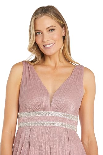 Image of R&M Richards Women's Pleated Maxi Dress W /Illusion V-Neck, Embellished Waistband & Front Slit - Party & Cocktail Gown
