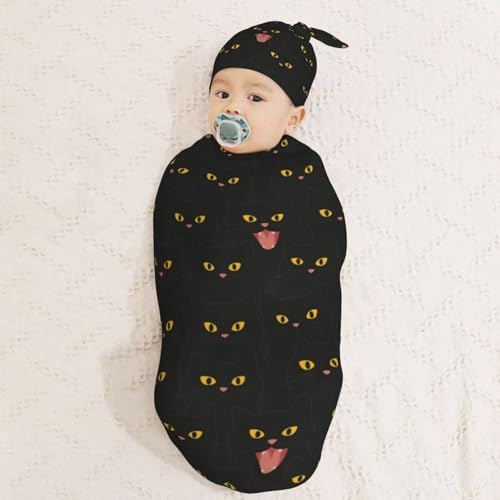 Image of Black Cats Cute Newborn Swaddle Blankets Hat Sets Soft Baby Receiving Blanket Swaddle Sack for Baby Shower Infant Boy Girl Gift