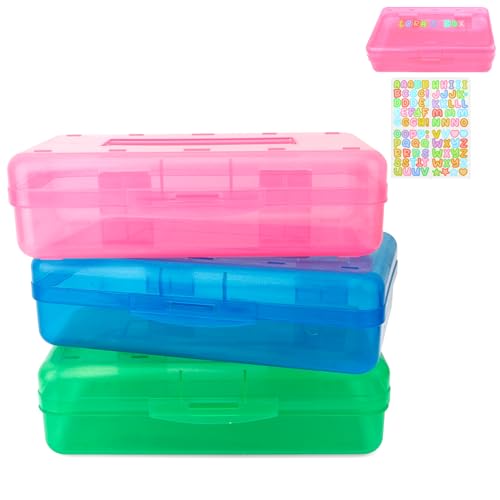 Blue Pink Green Hard Pencil Case Plastic Clear Pencil Box Crayon Box Organizer 3 Pack Office Supplies Storage Container Organizer Boxes for Pens Crayon School Stylish Office Supplies Storage Medium