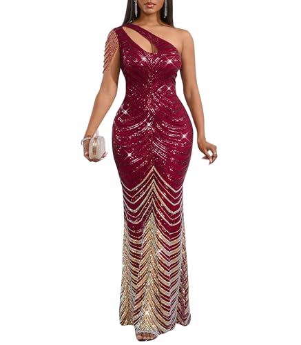 Image of Cololura Women Sequin Elegant Sexy One Shoulder Tassel Mermaid Bodycon Cocktail Evening Dress