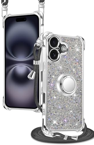 iPhone 16 Plus ケース キラキラ 輝きピカピカ リング付き ショルダー 調節可能 肩がけ 首掛け 紐付き 斜めがけ スマホケース いphone 16plus アイフォン 16 プラス ケース シリコン TPU ストラップホール付き 耐衝撃 傷防止 全面保護 カバー シルバー