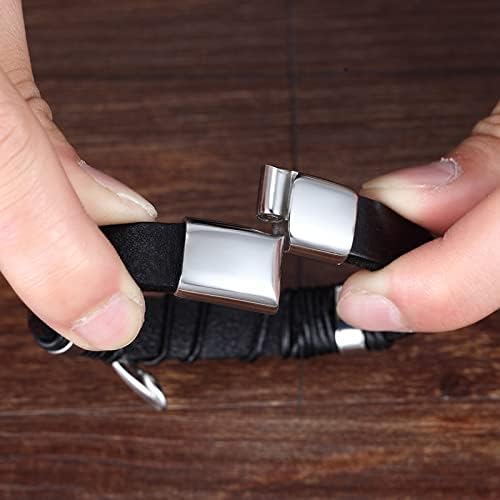 Miniatura 5 de Hoigblxy Stainless Steel Handmade Leather Bracelet For Men Magnetic Clasp Classic Multi-layer Men Leather Bracelet Jewelry Gift Length 8.26 inch