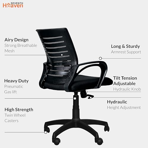 Image of Seventh Heaven Bolt Mid Back Revolving Office Chair for Work from Home, Study, and Computer Use | Heavy Duty Base | Ergonomic Mesh Design | Durable & Comfortable Seating (Black Mesh)