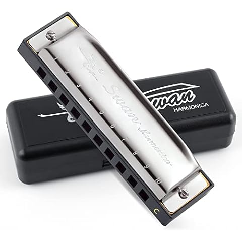 SWAN Blues Harmonica, Key of C Mouth Organ Harmonica, Diatonic Harmonica with Case, Blues Harp Stainless Harmonica for Adults, Beginners and Professional, as a Gift (Silver) Cover