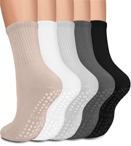 5 Pairs Pilates Grip Socks Yoga Socks with Grips for Women, Non-Slip Athletic Socks for Ballet, Dance, Workout, Hospital