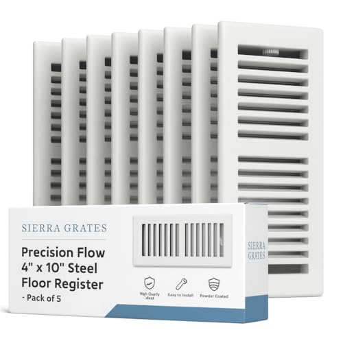 Image of 5 pcs, Fits 4x10 and 10x4 Duct Opening | Floor Register with Louvered Design by Sierra Grates | Heavy Duty Walkable Design with Damper | Floor Vent Grille | Breezeflow Damper | Glacier White