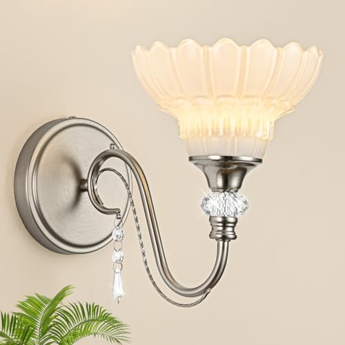 Image of 1 Piece Brushed Nickel Finish Wall Sconce, 1-Light Modern Wall Sconce with Hanging Crystal Accents and Flower-Shaped White Shades for Bathroom Bedroom Living Room,Modern Vanity Light