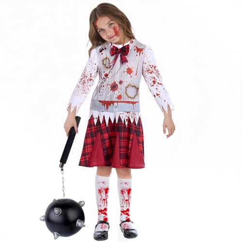 Costume de zombie pour enfants,Déguisement d'écolière zombie, Déguisement zombie avec accessoires de marteau météore gonflable et chaussettes,déguisement d'Halloween pour fille carnaval cosplay (L)