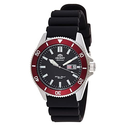 Orient Relógios masculinos "Kanno" de aço inoxidável, estilo mergulho, relógio masculino automático japonês com borracha e pulseira de metal, Combinação preta/vermelha – Pulseira de borracha