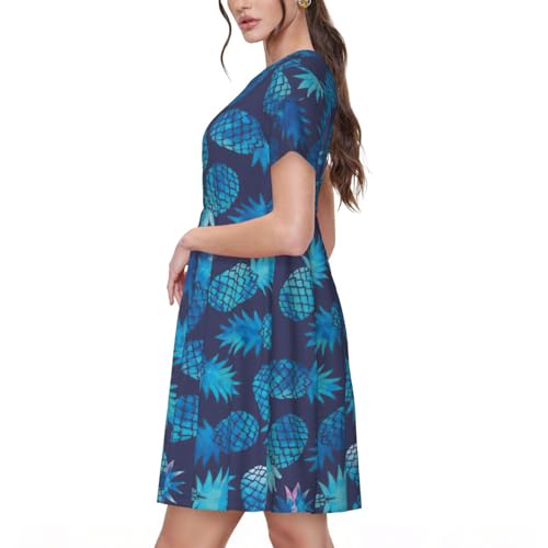 Robe de printemps manches courtes Blue Ananas et jupe trapèze à taille élastique