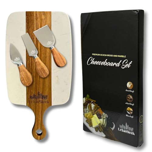 UrbanSleek. Tabla de Cortar Quesos y Charcutería con Cubiertos, Material: Madera de Acacia Antibacterial, mármol cultivado, Acero Inoxidable. Set Completo en una Caja de Regalo Elegante