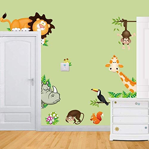 Rainbow Fox® Sticker mural, autocollant mural multicolore, motif jungle, animaux de la forêt, singe, écureuil, chouette, balancement, jeu sur feuilles d'arbre