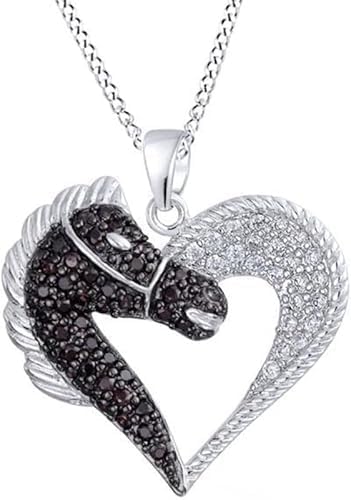 Created Round Cut Black & White Diamond 925 Sterling Silver 14K Gold Finish Heart Horse Lovers Pendant Necklace Wedding Gift for Women