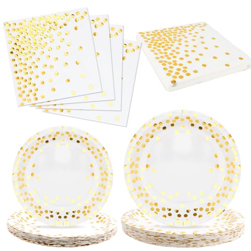 60Pezzi Stoviglie Festa Bianche e Dorate Stoviglie Carta Set, Stoviglie per Feste di Compleanno Include Piatti Tovaglioli, Piatti di Carta Monouso Set Stoviglie Compleannoper Compleanno Matrimonio