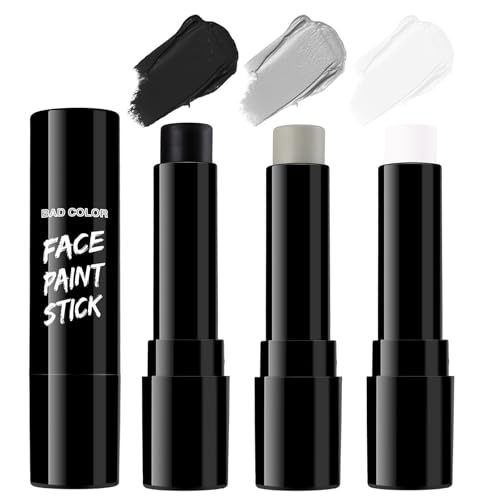 Image of BADCOLOR 3PCS Black White Grey Face Body Paint Stick Makeup for Skull Skeleton Goth Mime SFX Cosplay & Dress Up, Full-Coverage Halloween Facepaint Makeup Kit