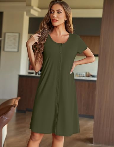 Image of Ekouaer Womens Nightgown Button Down Sleep Shirts Short Sleeve Nightshirt V-Neck Sleepdress Soft Sleepwear Army Green