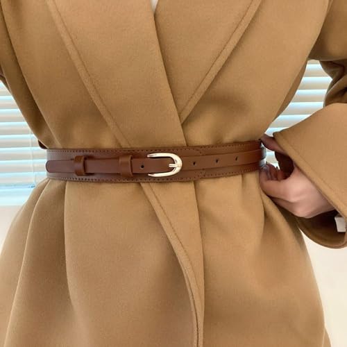 Skinny Waist Straps PU Luxury Metal Buckle Waist Belt Retro Coffee Dress Coat Decorative Waistband (Coffee)