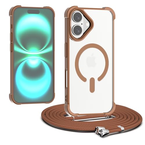 Coque iPhone 16 MagSafe transparente avec cordon bandoulière réglable couleur café