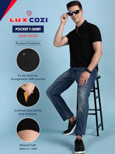 Image of Lux Cozi Men Cotton Regular Fit Polo Neck Half Sleeve Solid Casual T-Shirt with Chest Pocket | Pack of 2 |