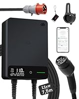 dé Wallbox 11kW mit APP, 7,5m Typ 2 Ladekabel mit Kabelhalter, 3-Phasen EV-Ladegerät (6-16A, 400V), für BEV/PHEV, RCD Type A 30mA AC + 6mA DC & IP54-Schutz, effiziente Ladestation für Zuhause, Schwarz