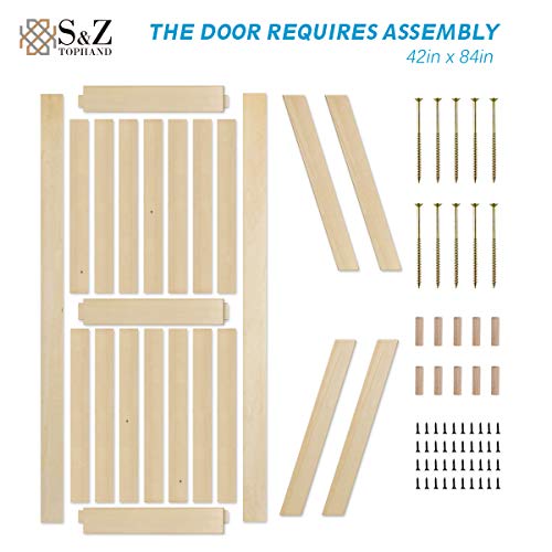 Image of S&Z TOPHAND 42in x 84in Unfinished British Brace Knotty Barn Door with Sliding Hardware Kit /Solid Wood /Sliding Door /Double Surfaces /A Simple Assembly is Required