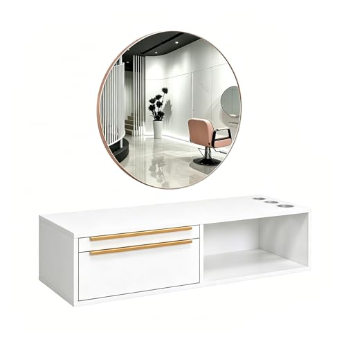 OmySalon Wall Mount Salon Station with Mirror, Hair Stylist Cabinet with Dryer Holders, Drawers &amp; Shelf for Barbershop, Beauty SPA, Bathroom, White