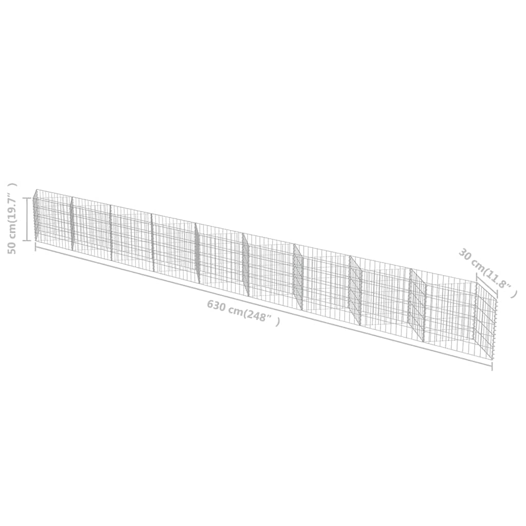 Gabionenwand aus verzinktem Stahl 630×30×50 cm robustes Zaunfeld für Gartenzaun und Sichtschutz mit Maschendraht, Metallgitter, rostfrei, ideal für Terrasse, Grundstück und Vorgarten