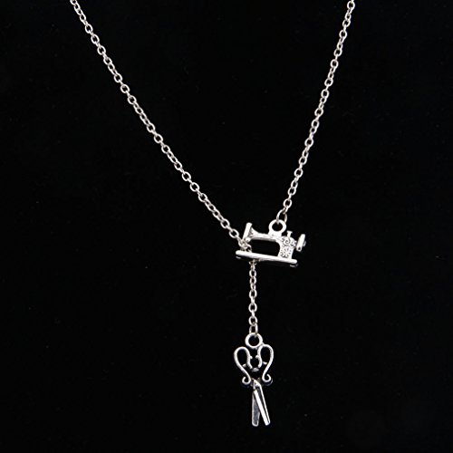 SEIRAA Sewing Machine and Scissors Pendant Necklace Vintage Style Hairdresser Necklace Gift for Barber4