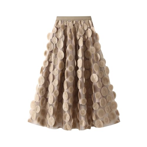 Women Tulle Midi Skirt High Elastic Waist 3D Polka Dot Mesh Skirt A-Line Layered Bubble Skirt Graduation Dress